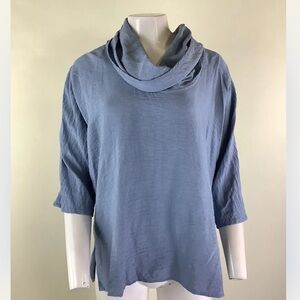 Christopher Calvin Sz L Cowl Neck Boxy Fit Tunic Top Blue Rayon Nylon Pullon